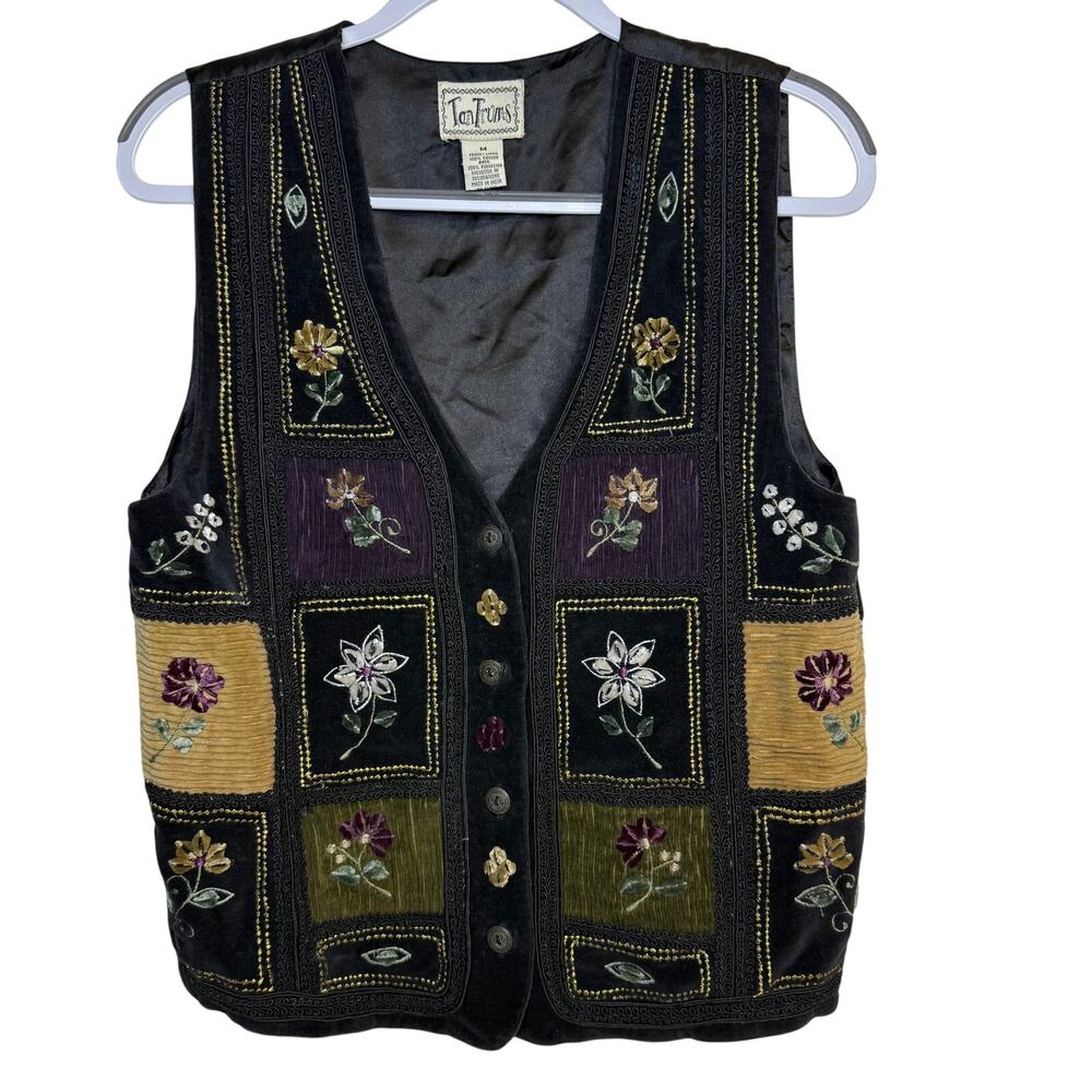 TanTrums Velvet Patchwork Floral Vest Boho Sz M